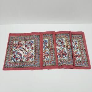 Vintage Turkish Red Maroon Mandala Flower Fabric Panels 4 Connected Turkey Made